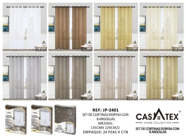 Set de cortinas Doriza c/ 8 argollas Casatex (Fardo x 24 und)