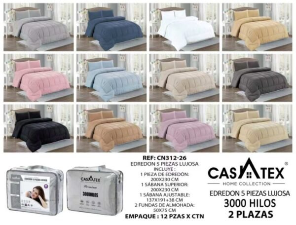 COBERTOR TELA CON TELA ACOLCHADO 5PCS COLOR ENTERO 3000 HILOS (2 PLAZAS)
