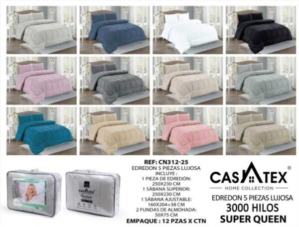 COBERTOR TELA CON TELA ACOLCHADO 5PCS COLOR ENTERO 3000 HILOS (QUEEN)