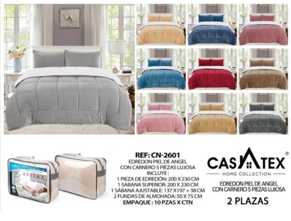COBERTOR PIEL DE ÁNGEL CON CARNERO 5 PCS ACOLCHADO (FULL, QUEEN Y KING)